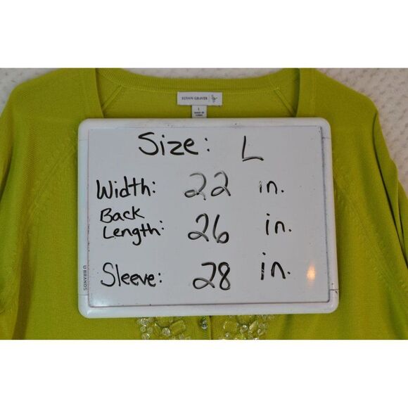 Susan Graver Women's Large Green Embellished 3/4 Sleeve Button Cardigan Sweater - Picture 10 of 11